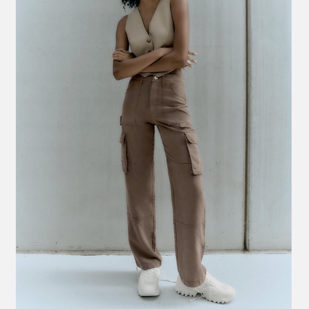 Zara Women's Khaki Brown Linen Blend Cargo Straight Leg Pants Size 6